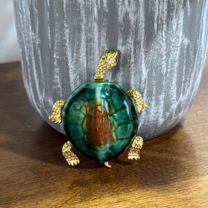 Vintage Turtle Pin Brooch Gold-tone Green Ceramic Shell Crystals Eyes 2”